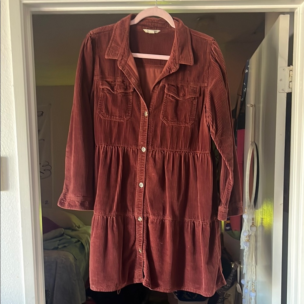 Rust Corduroy Button-Up Dress